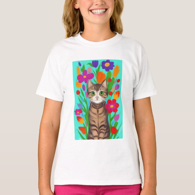 Niedliche graue Katze mit farbigen Blume T-Shirt (Vorderseite)
