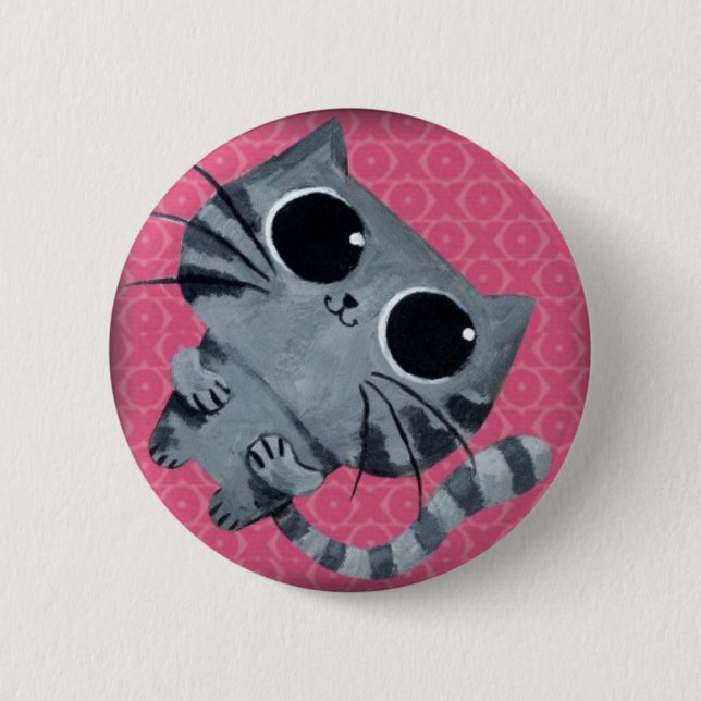 Niedliche graue Katze mit großen schwarzen Augen Button (Vorderseite)