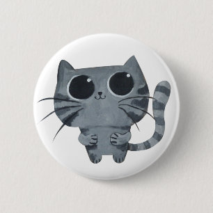 Niedliche graue Katze mit großen schwarzen Augen Button