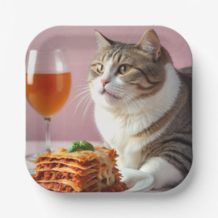 Niedliche graue Katze mit Lasagna und Weinglas Pappteller