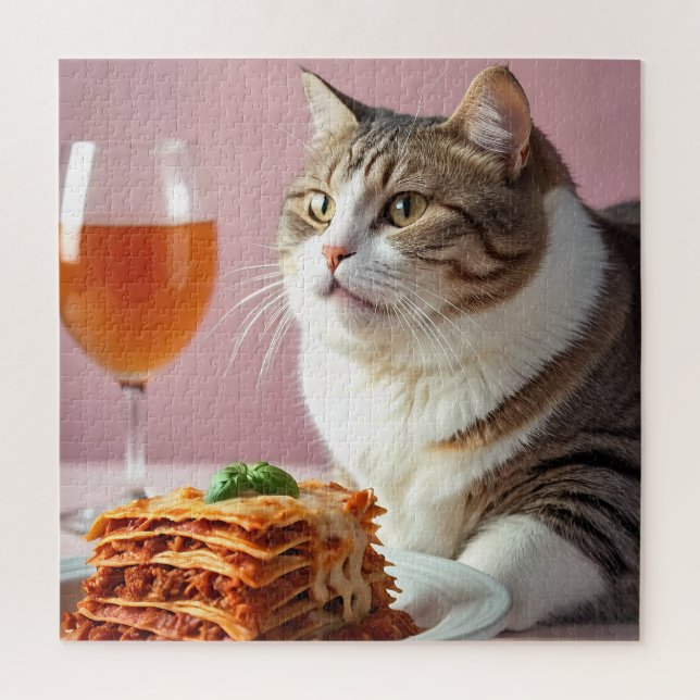 Niedliche graue Katze mit Lasagna und Weinglas Puzzle (Vertikal)
