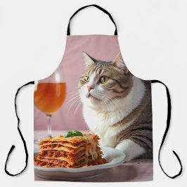 Niedliche graue Katze mit Lasagna und Weinglas Schürze