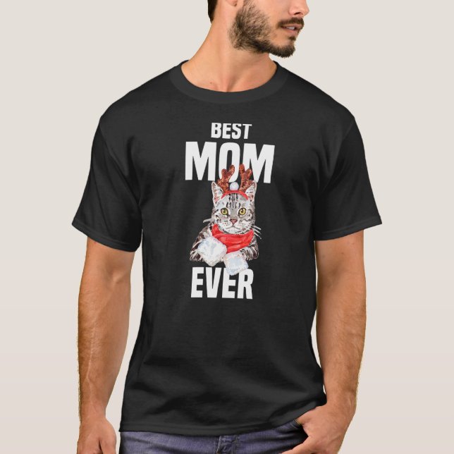Niedliche graue Katze mit Rentierkostüm Beste Mama T-Shirt (Vorderseite)