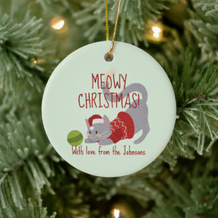 Niedliche graue Katze mit Weihnachtshut Keramik Ornament