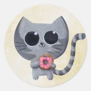 Niedliche graue Katze und Donut Runder Aufkleber