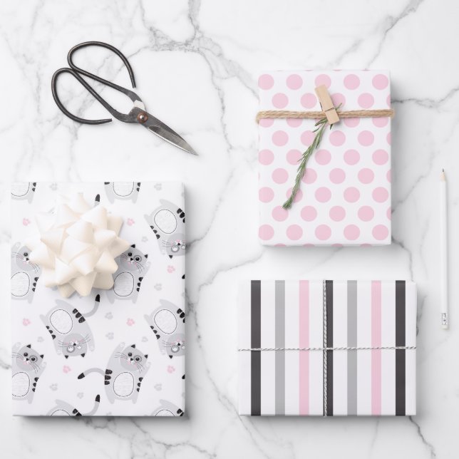 Niedliche graue Katzen Wrapping Paper Set 3 Geschenkpapier Set (Vorderseite)