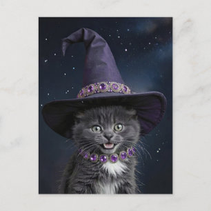 Niedliche graue Katzenkatze mit Hexenhut Halloween Feiertagspostkarte