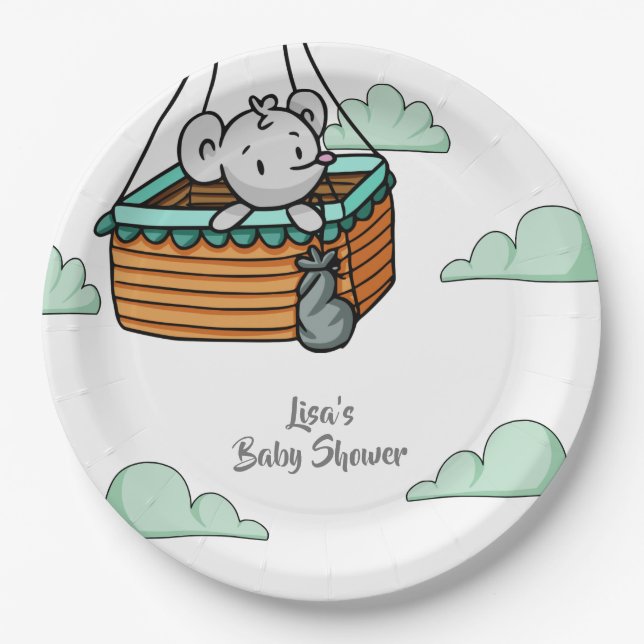 Niedliche graue Maus im Hot Air Ballon Basket-Part Pappteller (Vorderseite)