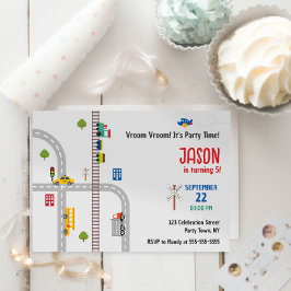 Niedliche graue Stadtbusboys Einladung zum Geburts