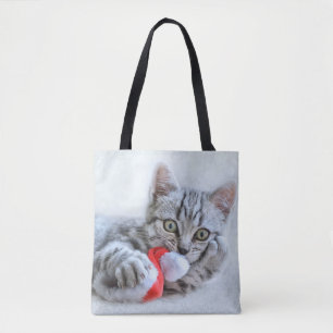 Niedliche graue Tabby Cat mit Weihnachtsmütze Weih