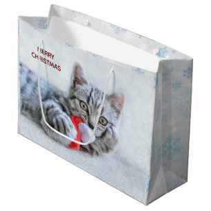 Niedliche graue Tabby Cat mit Weihnachtsmütze Weih Große Geschenktüte