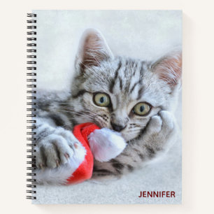 Niedliche graue Tabby Cat mit Weihnachtsmütze Weih Notizbuch