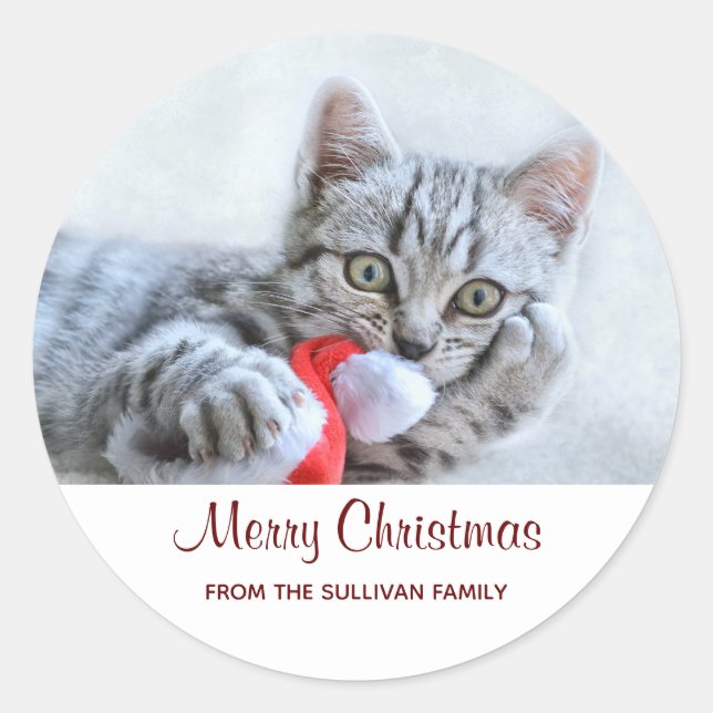 Niedliche graue Tabby Cat mit Weihnachtsmütze Weih Runder Aufkleber (Vorderseite)