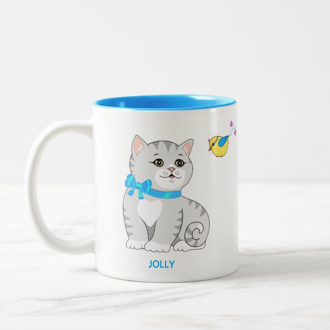 Niedliche graue Tabby Kitty Cat & Little Bird Zweifarbige Tasse (Links)