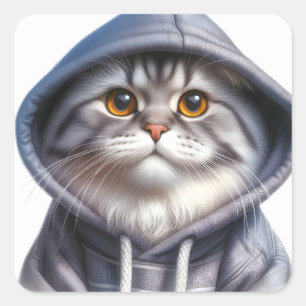Niedliche, graue und weiße Tablettenkatze Hoodie t Quadratischer Aufkleber