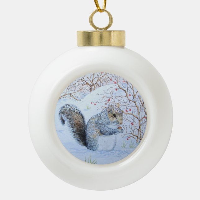 niedliche Grauschnee-Szene Wildlife Art Keramik Kugel-Ornament (Vorderseite)