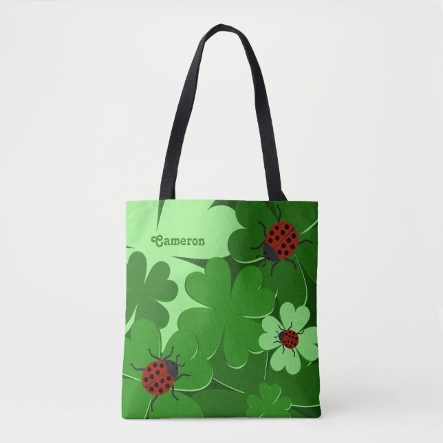 Niedliche Green Clover Blätter Ladybug Name Tote T (Vorderseite)