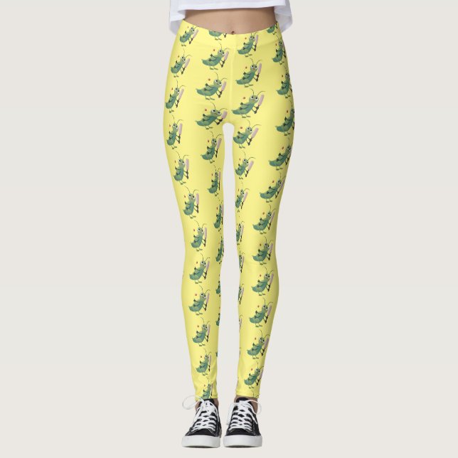 Niedliche Green Cricket Insekt Cartoon-Abbildung Leggings (Vorderseite)
