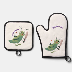 Niedliche Green Cricket Insekt Cartoon-Abbildung Ofenhandschuh & Topflappen-Set