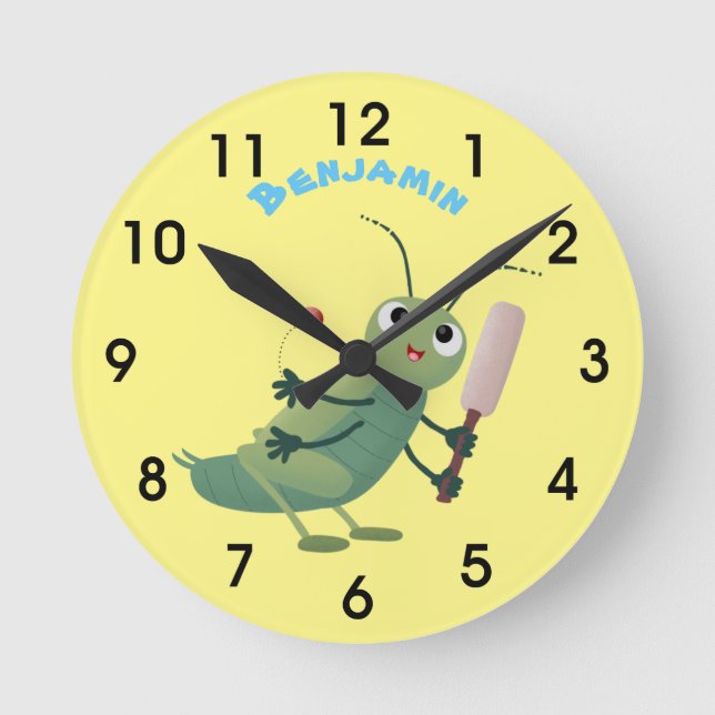 Niedliche Green Cricket Insekt Cartoon-Abbildung Runde Wanduhr (Vorderseite)
