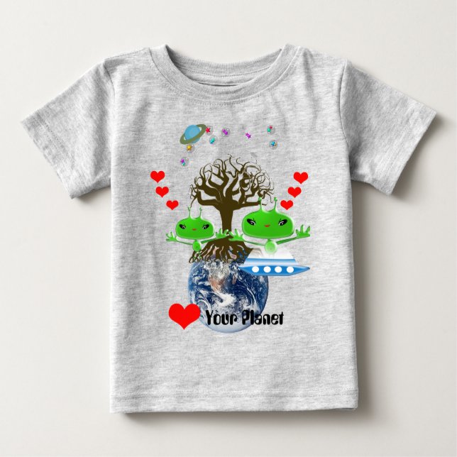 Niedliche Green Outer Space Außerirdischen mit Rau Baby T-shirt (Vorderseite)