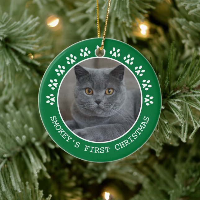 Niedliche Green Paw Prints Foto Rahmen Weihnachten Keramik Ornament (Baum)