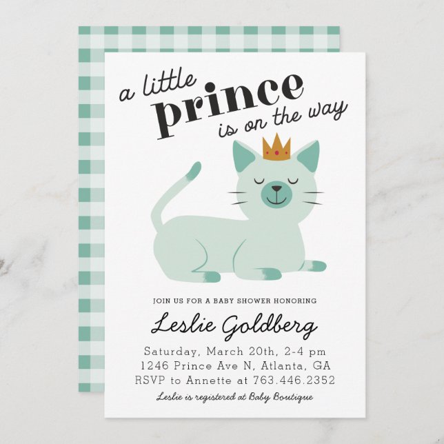 Niedliche Green Prince Kitty Cat Kinderdusche Einladung (Vorne/Hinten)