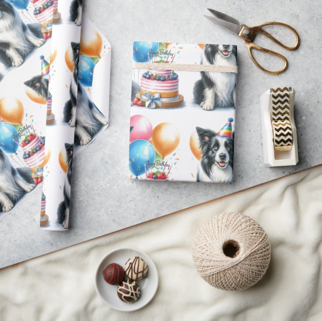 Niedliche Grenz-Collie Happy Birthday Wrapping Pap Geschenkpapier (Kunsthandwerk)