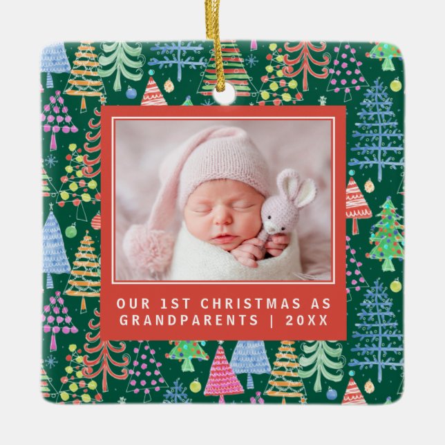 Niedliche Großeltern 1. Weihnachtsbaumen Foto Grün Keramikornament (Vorderseite)