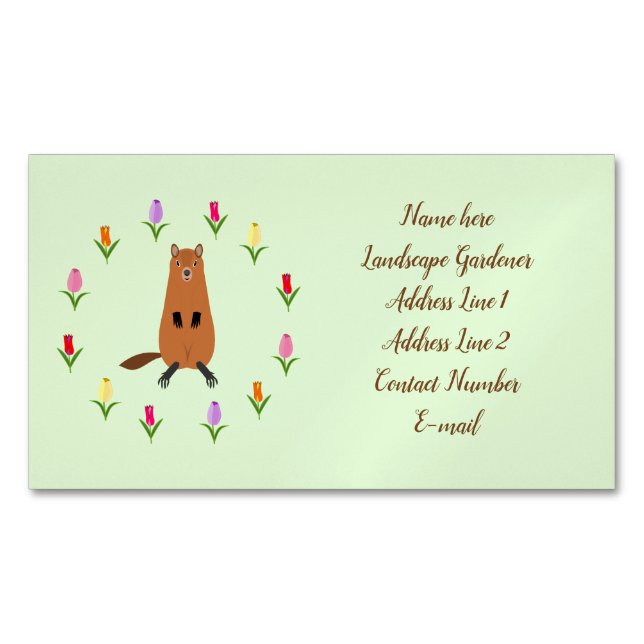 Niedliche Groundhog und Tulip Blume Custom Gardene Magnetische Visitenkarte (Vorderseite)