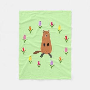 Niedliche Groundhog- und Tulip-Blume Fleecedecke