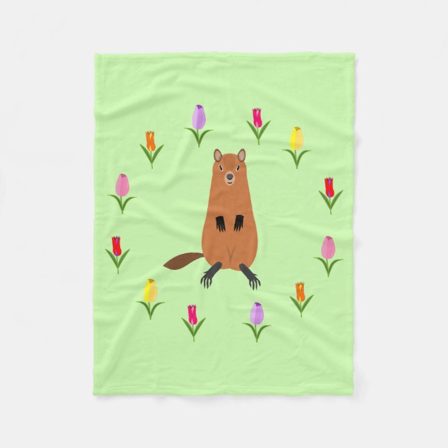 Niedliche Groundhog- und Tulip-Blume Fleecedecke (Vorderseite)