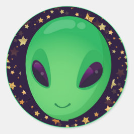Niedliche grüne Alien über Goldene Sterne Spaß Runder Aufkleber