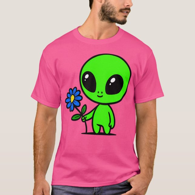Niedliche grüne Alien und Blume T-Shirt (Vorderseite)