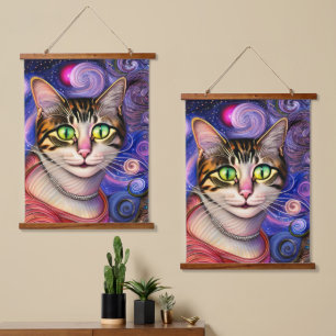 Niedliche Grüne Augen Katze Wandteppich Mit Holzrahmen
