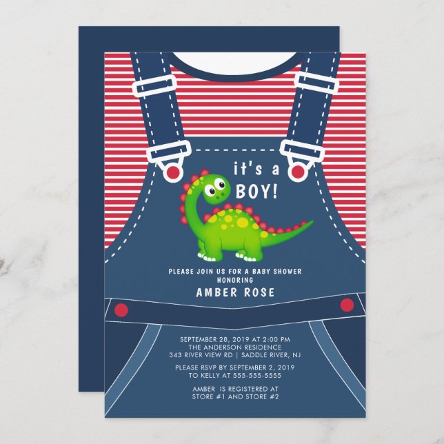 Niedliche grüne Dinosaurier Kinderdusche Einladung (Vorne/Hinten)