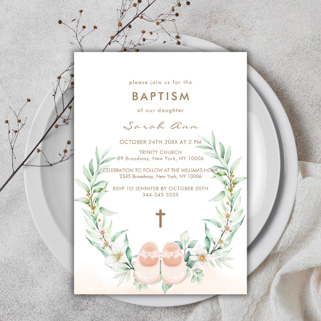 Niedliche Grüne Eukalyptus Gold Cross Girl Taufe Einladung (Cute Greenery Eucalyptus Gold Cross Girl Baptism Invitation)