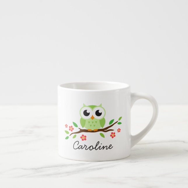 Niedliche grüne Eule auf personalisiertem Namen Espressotasse (Rechts)