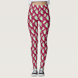 Niedliche Grüne Geister auf Rot Kariert Leggings