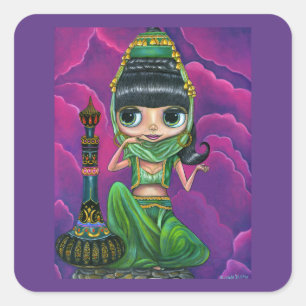 Niedliche grüne Genie Girl Big Eyes Puppen Magic F Quadratischer Aufkleber