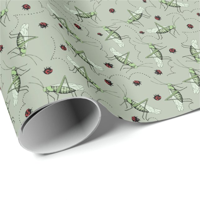 Niedliche grüne Grasshopper Insektenkinder Geschenkpapier (Rolleneckpunkt)