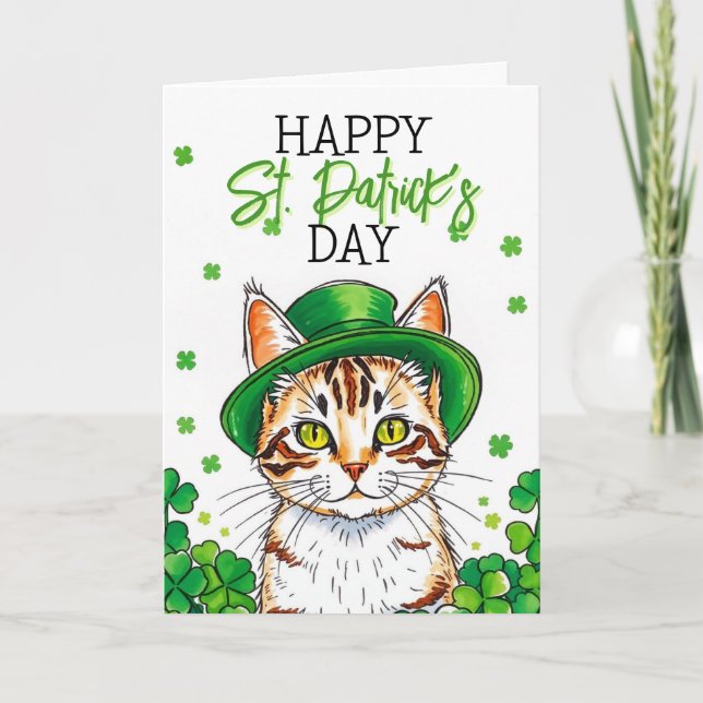 Niedliche Grüne Katze mit Kleeblättern St Patrick' Karte (Vorderseite)