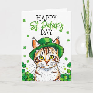 Niedliche Grüne Katze mit Kleeblättern St Patrick' Karte