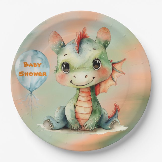 Niedliche grüne Orange Dragon Boy Babydusche Pappteller (Vorderseite)