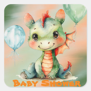 Niedliche grüne Orange Dragon Boy Babydusche Quadratischer Aufkleber