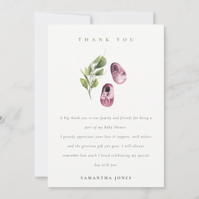 Niedliche grüne Pink Girl Shoes Foliage Baby Dusch Dankeskarte (Vorderseite)