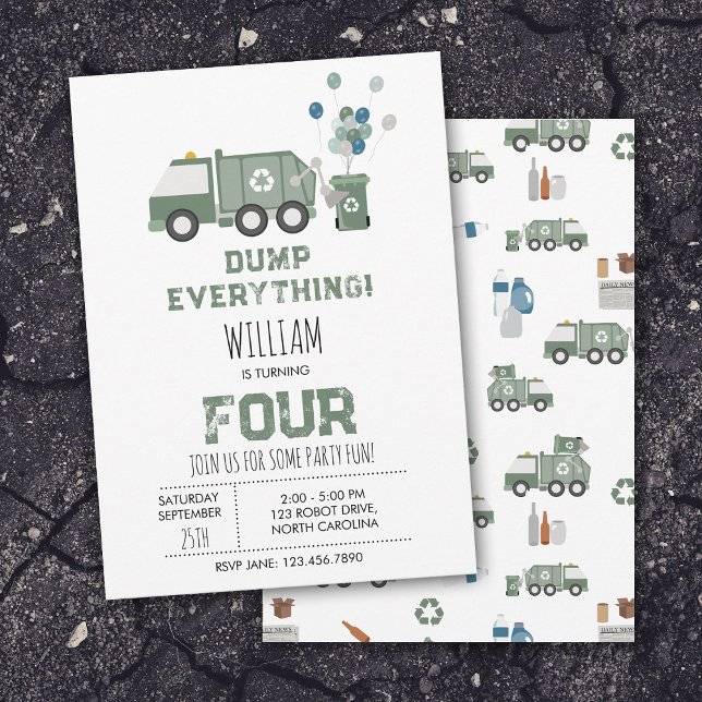 Niedliche, grüne Recycelnd Lkw-Boys - Geburtstag Einladung (Cute Green Recycling Truck Boys Vehicles Birthday Invitation)