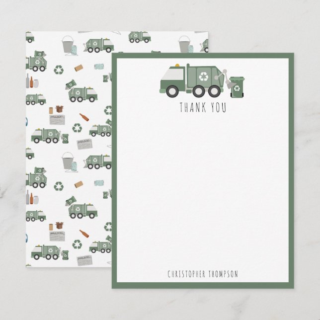 Niedliche grüne Recycelnd Lkw Kids Name Dankeskarte (Vorne/Hinten)