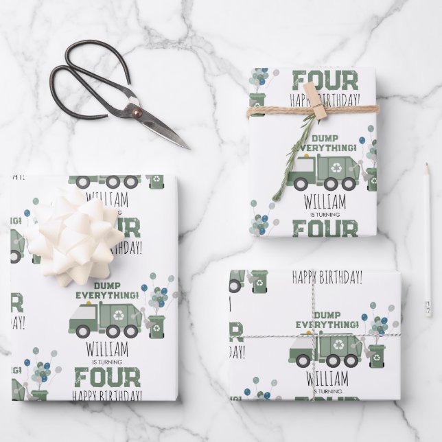 Niedliche grüne Recycelnd Lkw Kinder Name Alter Ge Geschenkpapier Set (Vorderseite)