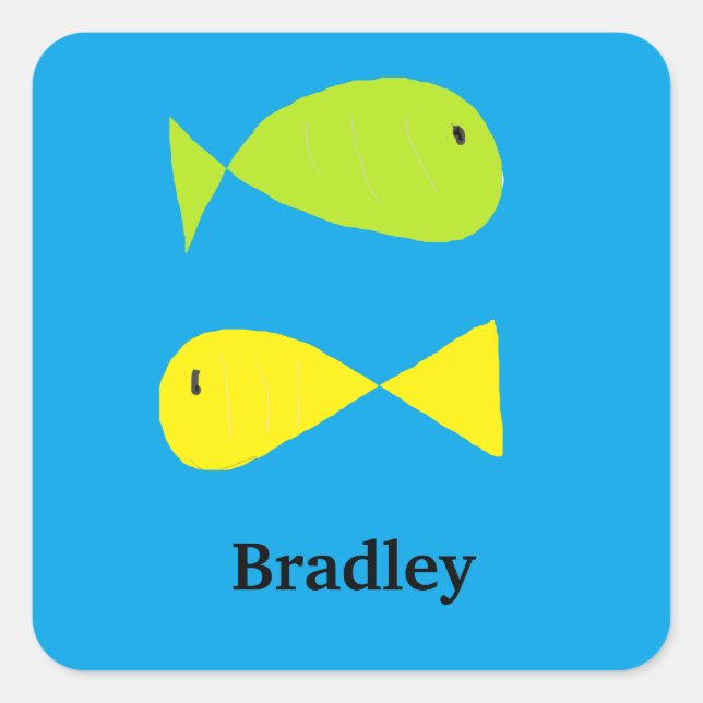 Niedliche, grüne und gelbe Fische auf blau Quadratischer Aufkleber (Vorderseite)